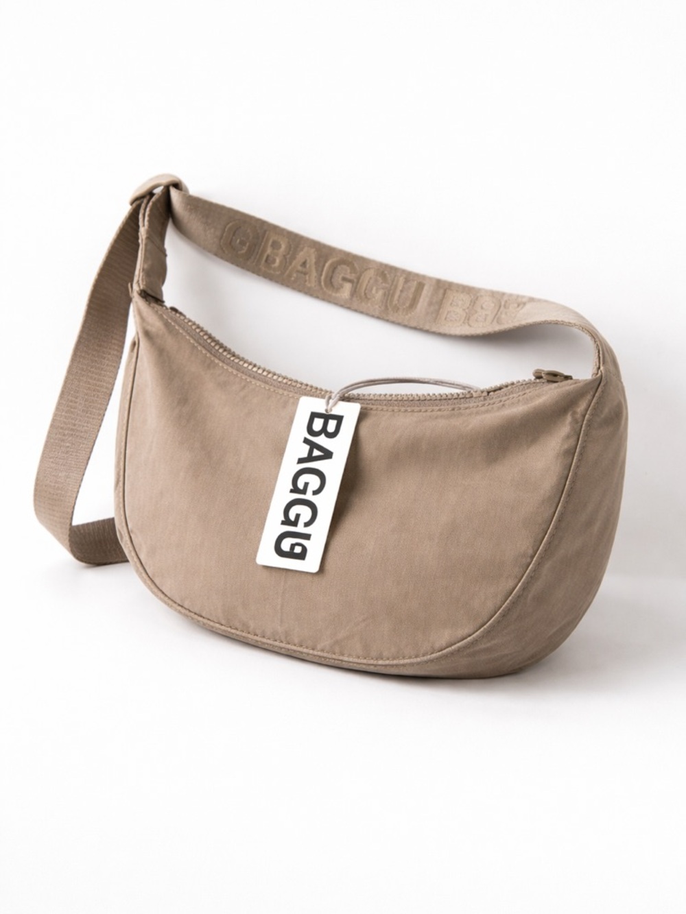 BAGGU Small Nylon Crescent Bag Taupe Crossbody Adjustable Strap NWT